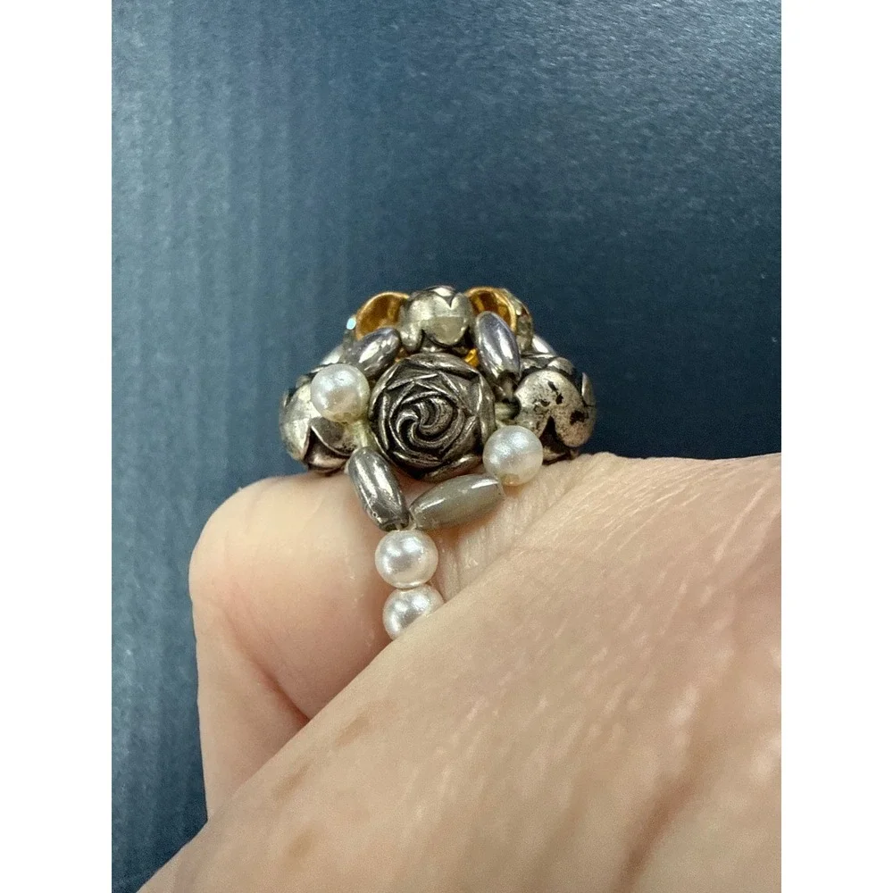 Boho Floral‎ Cluster Ring size 6 Rose Beads Rhinestone Statement Cottagecore